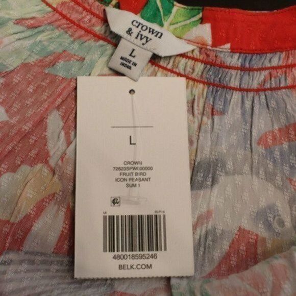 CROWN & Ivy Hawaiian floral/bird print top 3/4 sleeves split V-neck Women’s L - Picture 6 of 11